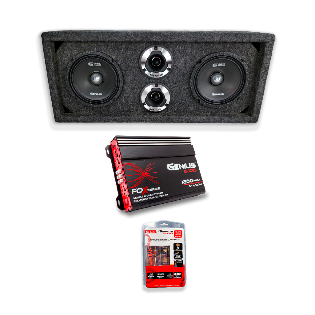 Combo de Audio para Auto "La Rumbera" – Cajón + Medios + Tweeters + Amplificador + Kit de Cables (1200W RMS)