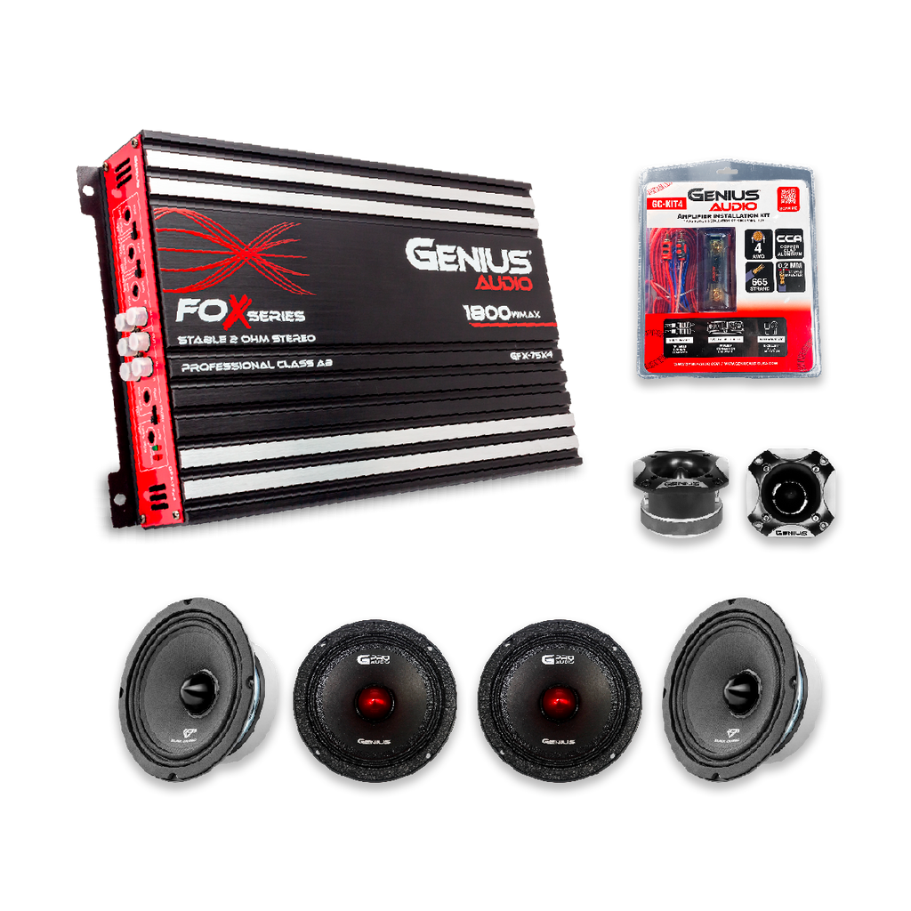 Combo de Audio Profesional para Carro con Tweeters Bala más Medios 6.5” y Amplificador 4 Canales. Sonido Potente y Nítido