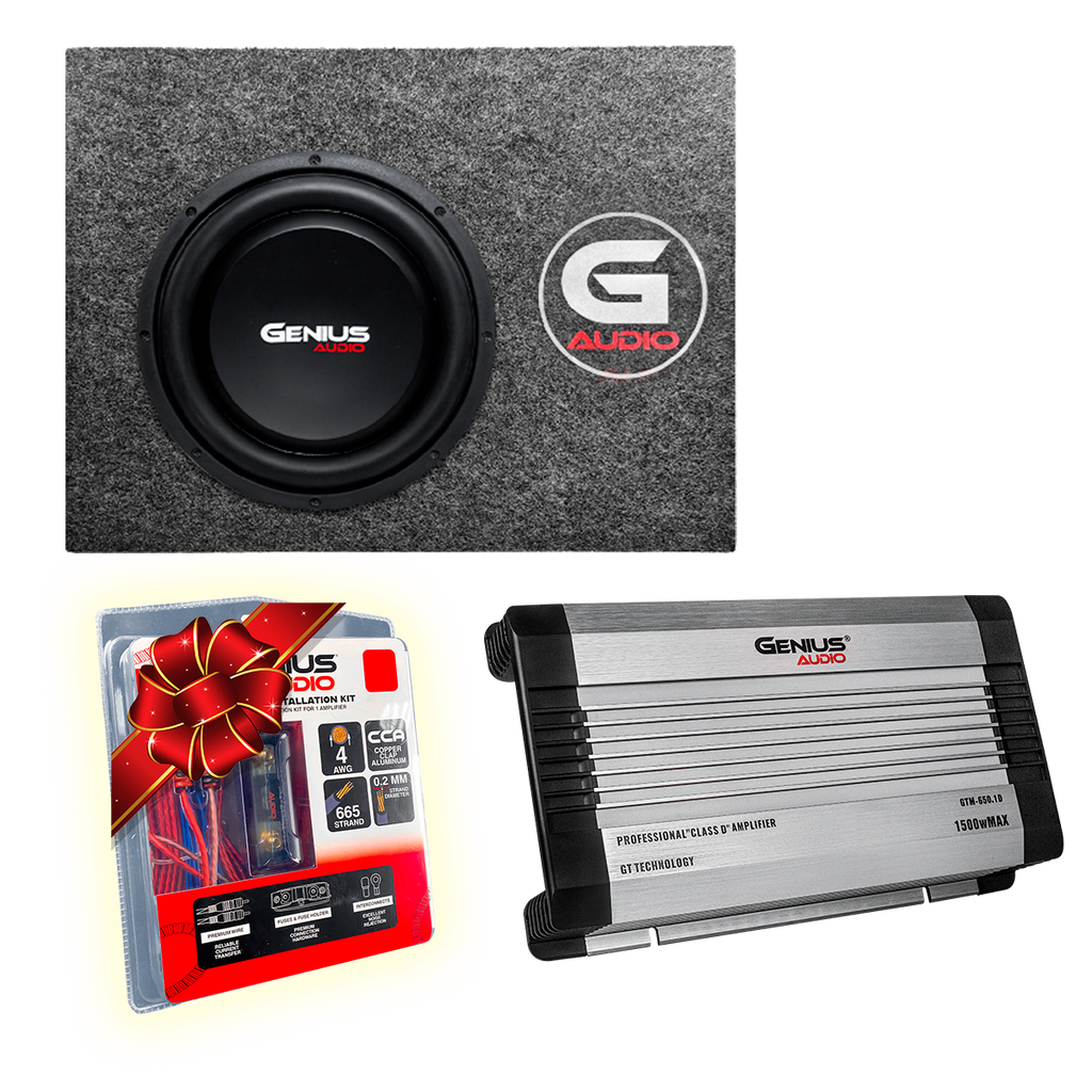 Combo Caja Acústica Alfombrada Plana con Subwoofer N1-SL10D2 de 10 pulgadas + Amplificador GTM-650.1D y Kit de Cables Calibre 4 de Regalo