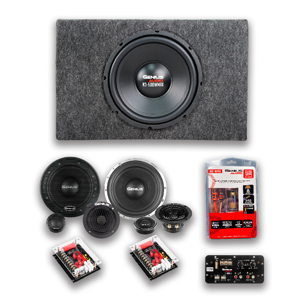 Combo Genius Audio Cajón Acústico con Subwoofer de 12” con Amplificador más Set de Bocinas y Kit Cables de Regalo para Carro