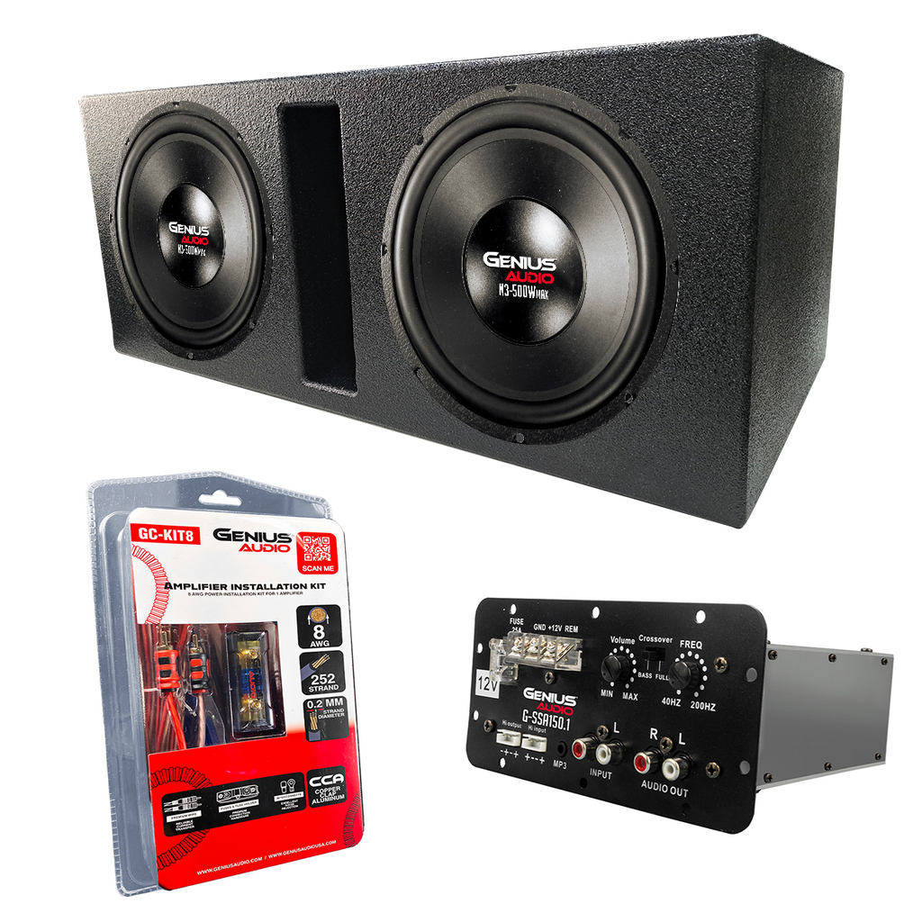 Cajón Acústico de Poliuretano con Amplificador Empotrable con 2 Bocinas Subwoofers Nitro de 12” + Cables de Calibre 8 de Regalo