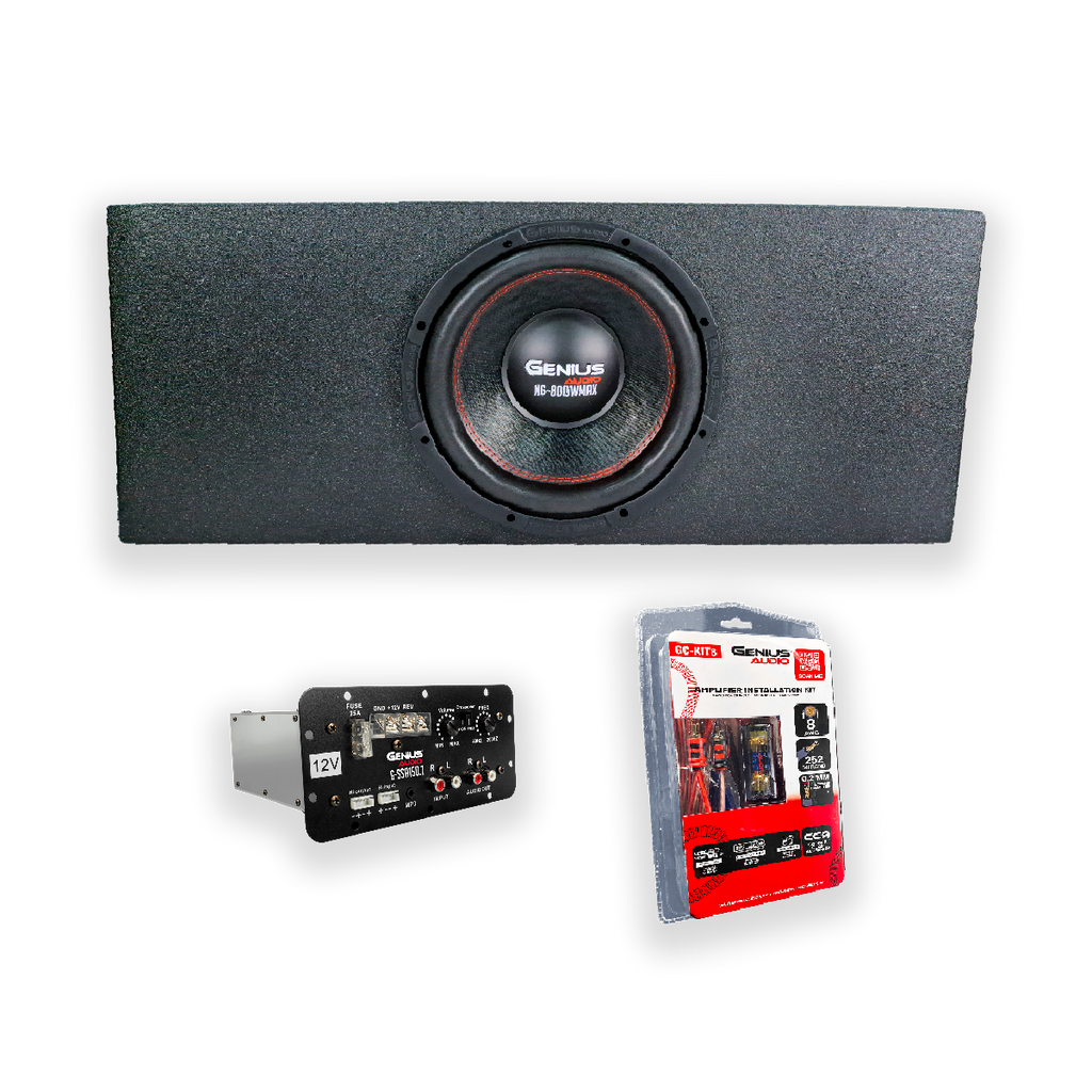 Cajón Acústico para Auto de Poliuretano amplificado con Subwoofer Nitro de 12” y Kit de Cables de Regalo