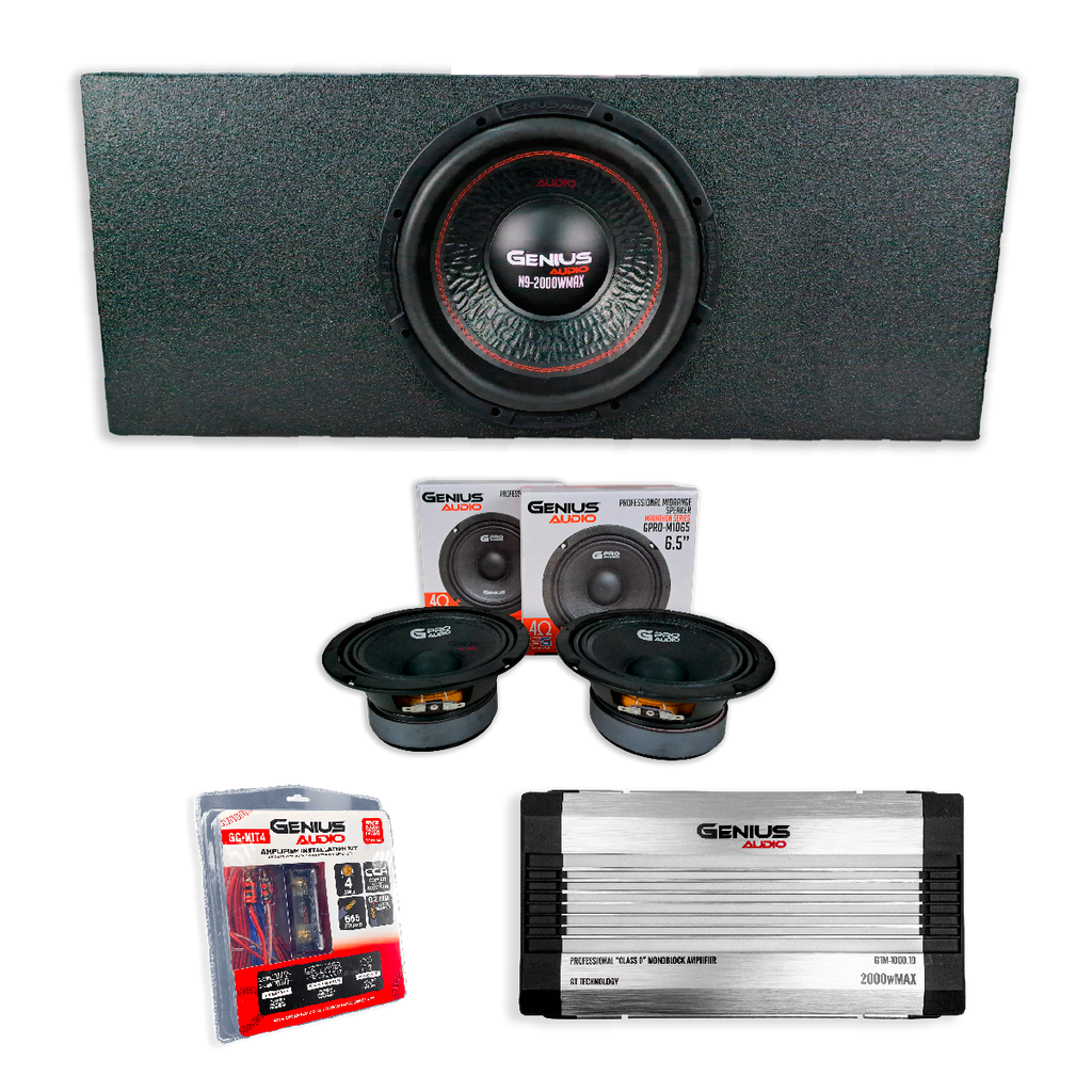 Combo de Audio para Auto "VIBRAMAX 12" – Subwoofer 12” + Cajón Poliuretano + Medios 10” + Amplificador Monoblock + Kit de Cables