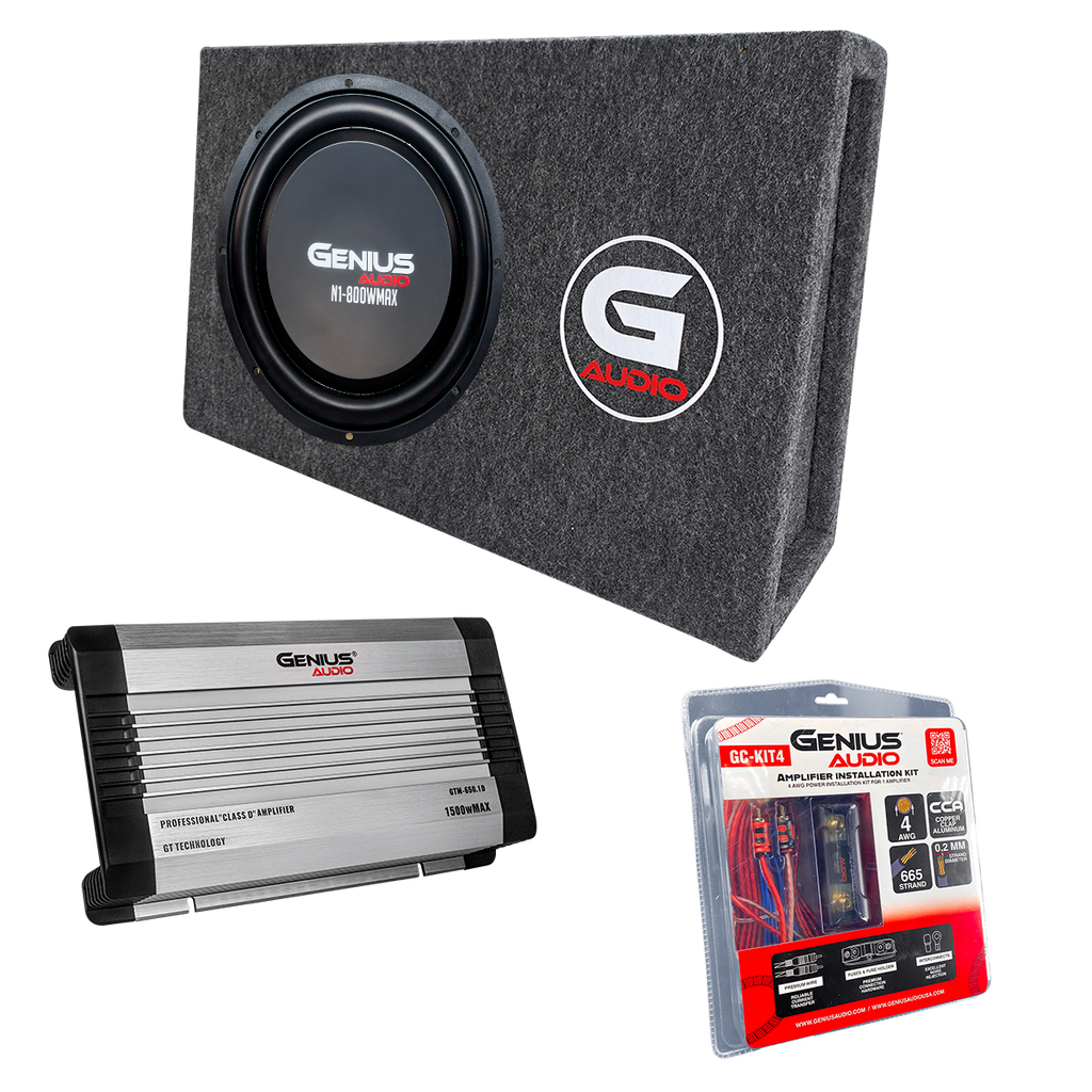 Cajón Acústico Plano Inclinado Alfombrada con amplificador GTM-650.1D más Subwoofer Nito Plano de 12” y Kit Cables Calibre 4 de Regalo