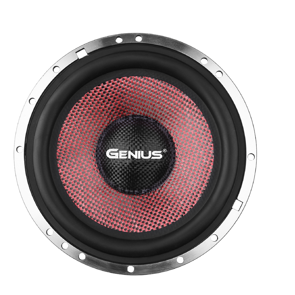 Bocinas GXT65.2COM para Carro Genius Audio con Componentes de 2 Vías de 6.5” Con Cono tejido Mezclado de Fibra de Carbono Color Negro Y Fibra de Vidrio Roja