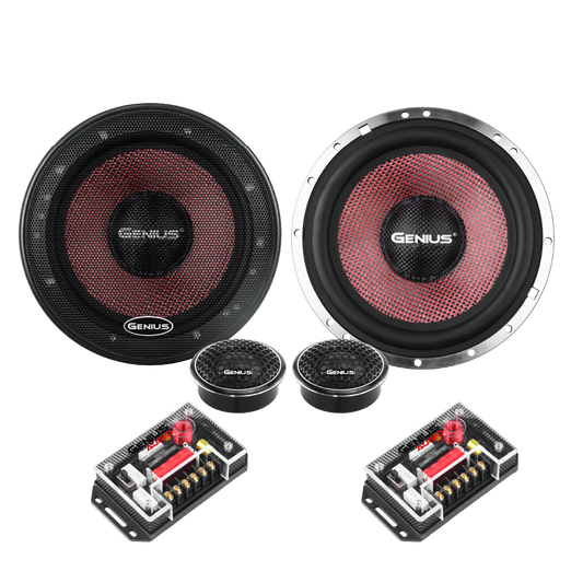 Bocinas GXT65.2COM para Carro Genius Audio con Componentes de 2 Vías de 6.5” Con Cono tejido Mezclado de Fibra de Carbono Color Negro Y Fibra de Vidrio Roja