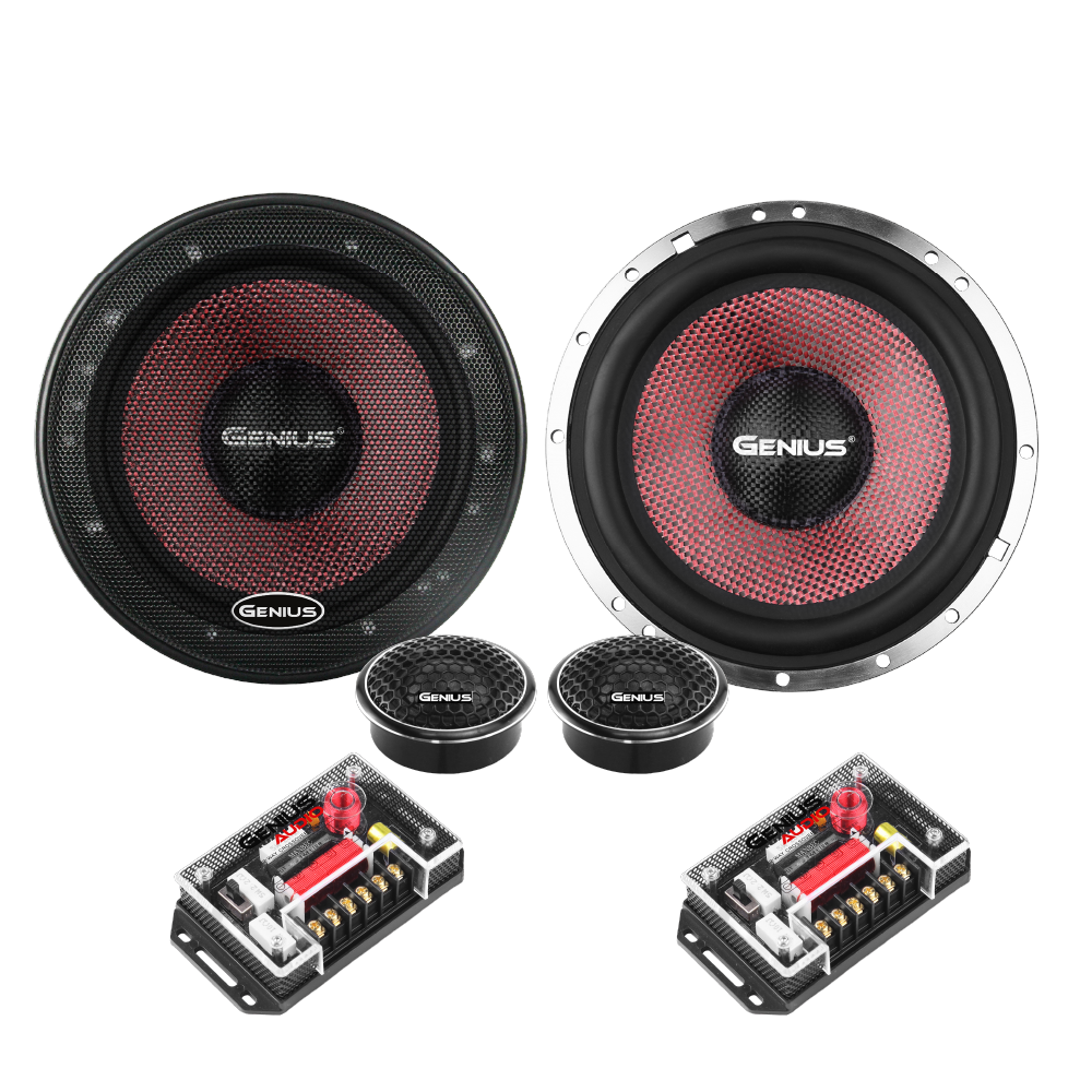 Bocinas GXT65.2COM para Carro Genius Audio con Componentes de 2 Vías de 6.5” Con Cono tejido Mezclado de Fibra de Carbono Color Negro Y Fibra de Vidrio Roja
