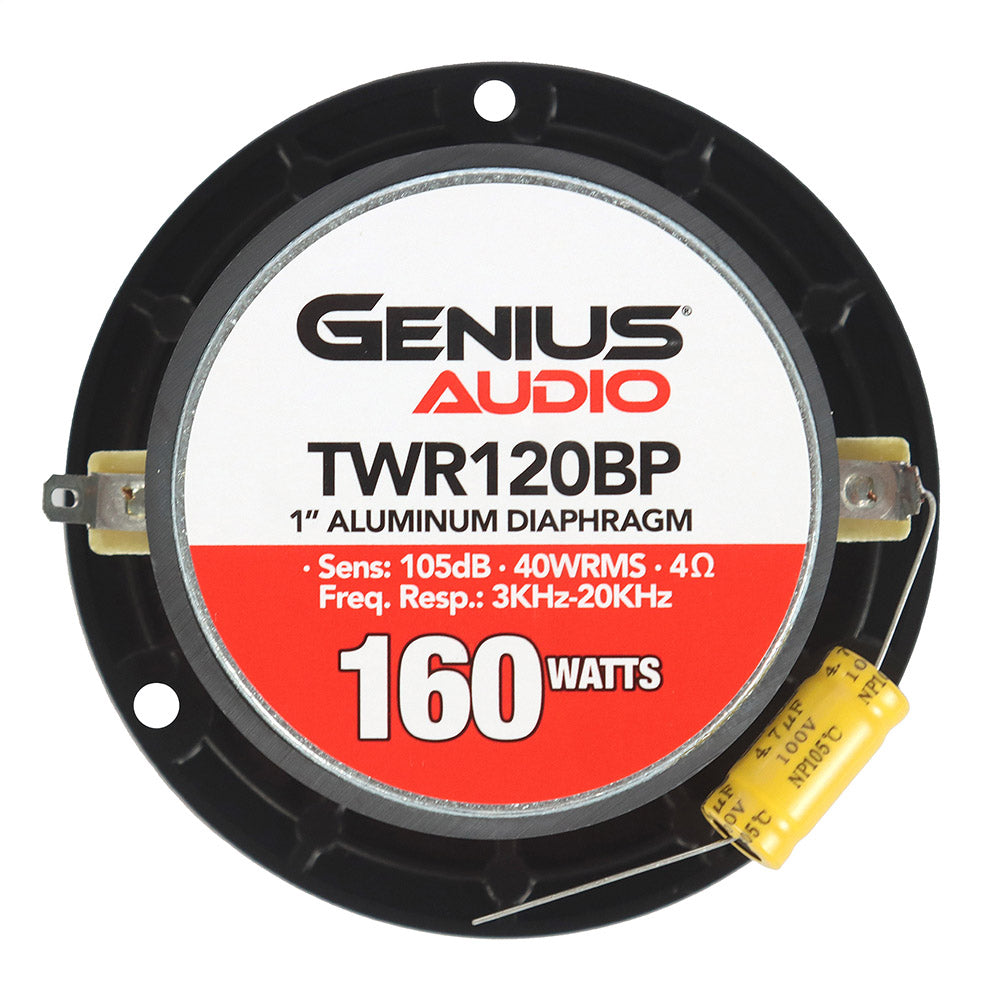 Par de Bocinas para Carro Genius Audio Tweeter de 3.8 PulG con 40 wrms con diafragma aluminio, Impedancia de 4 Ohms modelo TWR120BP