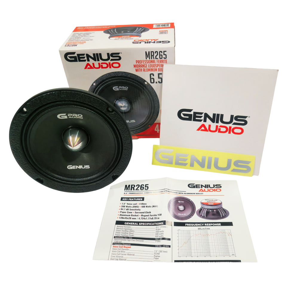 Medio Rango 6.5” Car Audio MR265 Profesional 200W RMS Genius Audio | Bocina de Competencia SPL/SQ Ferrita con Bullet 4 Ohms Alta Presión Sonora